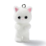 Flocky Resin Pendants, Cat Shape Charms with Platinum Plated Iron Loops, White, 35.5x16.5x17mm, Hole: 2mm, 10pc/Set