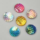 30Pcs 6 Colors Resin Cabochons, AB-Color, Flat Round with Mermaid Fish Scale, Mixed Color, 12x3mm, 5pcs/color