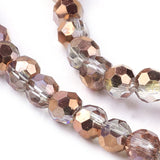Electroplate Glass Beads Strands, Half Plated, Faceted(32 Facets), Round, Copper Plated, 4mm, Hole: 1mm, about 88~90pcs/strand, 28~30cm, 10Strands/Set