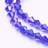 Glass Beads Strands, AB Color Plated, Faceted, Bicone, Blue, 4x4mm, Hole: 1mm, about 82~85pcs/strand, 30.5~31cm, 10Strand/Set