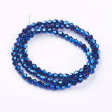 Electroplate Glass Beads Strands, Faceted, Bicone, Blue Plated, 4x4mm, Hole: 1mm, about 82~85pcs/strand, 30.5~31cm, 10Strands/Set