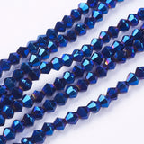 Electroplate Glass Beads Strands, Faceted, Bicone, Blue Plated, 4x4mm, Hole: 1mm, about 82~85pcs/strand, 30.5~31cm, 10Strands/Set