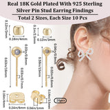 Beebeecraft 20Pcs 2 Style Brass Stud Earring Findings, Round Bead with Silicone Insert Post with Sterling Silver Pins, 20Pcs Rack Plating Brass Friction Ear Nuts, Real 18K Gold Plated, 15~16x3~4x2.5~3..5mm, Hole: 0.8~0.9mm, Pin: 0.6~0.7mm, 10Pcs/style