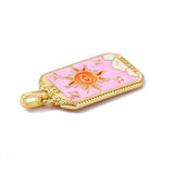 Alloy Enamel Pendants, Rectangle, Tarot Pattern Charm, Golden, Pearl Pink, Sun Pattern, 26x14x2mm, Hole: 2x3mm, 5pc/Set