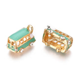 Alloy Pendants, with Enamel and Crystal Rhinestone, Bus, Golden, Medium Aquamarine, 18x11x13mm, Hole: 2.5mm, 10pc/Set