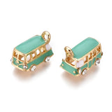 Alloy Pendants, with Enamel and Crystal Rhinestone, Bus, Golden, Medium Aquamarine, 18x11x13mm, Hole: 2.5mm, 10pc/Set