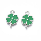 Rack Plating Alloy Enamel Pendants, Cadmium Free & Nickel Free & Lead Free, Clover, Platinum, Green, 19x13x1.5mm, Hole: 1.6mm, 200pc/Set