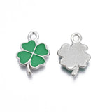 Rack Plating Alloy Enamel Pendants, Cadmium Free & Nickel Free & Lead Free, Clover, Platinum, Green, 19x13x1.5mm, Hole: 1.6mm, 200pc/Set