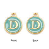 Initial Letter A~Z Alphabet Enamel Charms, Flat Round Disc Double Sided Charms, Golden Plated Enamelled Sequins Alloy Charms, Turquoise, 14x12x2mm, Hole: 1.5mm, 26pcs/set