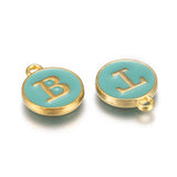 Initial Letter A~Z Alphabet Enamel Charms, Flat Round Disc Double Sided Charms, Golden Plated Enamelled Sequins Alloy Charms, Turquoise, 14x12x2mm, Hole: 1.5mm, 26pcs/set