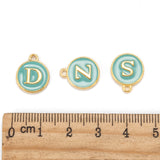 Initial Letter A~Z Alphabet Enamel Charms, Flat Round Disc Double Sided Charms, Golden Plated Enamelled Sequins Alloy Charms, Turquoise, 14x12x2mm, Hole: 1.5mm, 26pcs/set