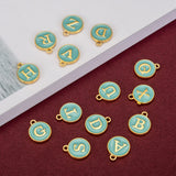 Initial Letter A~Z Alphabet Enamel Charms, Flat Round Disc Double Sided Charms, Golden Plated Enamelled Sequins Alloy Charms, Turquoise, 14x12x2mm, Hole: 1.5mm, 26pcs/set