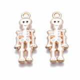 Alloy Enamel Pendants, Halloween, Cadmium Free & Lead Free, Skeleton, Light Gold, White, 26x10x1.5mm, Hole: 1.8mm, 100pc/Set