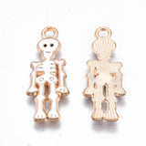 Alloy Enamel Pendants, Halloween, Cadmium Free & Lead Free, Skeleton, Light Gold, White, 26x10x1.5mm, Hole: 1.8mm, 100pc/Set