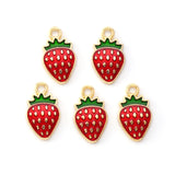 Light Gold Plated Alloy Enamel Pendants, Strawberry, Red, 16.8x10x1.5mm, Hole: 1.8mm, 100pc/Set