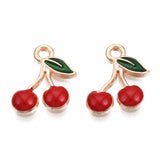 Alloy Enamel Charms, Cherry, Light Gold, Red, 13x12x2mm, Hole: 1.6mm, 100pc/Set