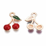 Alloy Enamel Charms, Cherry, Light Gold, Red, 13x12x2mm, Hole: 1.6mm, 100pc/Set