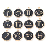 Alloy Enamel Pendants, Flat Round with Constellation, Black, 22x18x2mm, Hole: 1.5mm, about 12pcs/set