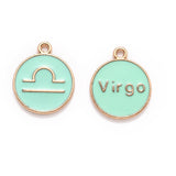 Alloy Enamel Pendants, Flat Round with Constellation/Zodiac Sign, Aquamarine, 22x18x2mm, Hole: 1.5mm, about 12pcs/set