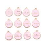 Alloy Enamel Pendants, Flat Round with Twelve Constellation, Light Gold, Pink, 15x12x2mm, Hole: 1.5mm, about 12pcs/set