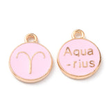 Alloy Enamel Pendants, Flat Round with Twelve Constellation, Light Gold, Pink, 15x12x2mm, Hole: 1.5mm, about 12pcs/set