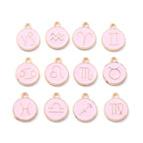 Alloy Enamel Pendants, Flat Round with Twelve Constellation, Light Gold, Pink, 15x12x2mm, Hole: 1.5mm, about 12pcs/set