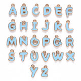 Alloy Enamel Charms, Enamelled Sequins, Cadmium Free & Nickel Free & Lead Free, Light Gold, Alphabet Shape, Letter A~Z, Light Sky Blue, 11x6.5x2mm, Hole: 1.5mm, 26pcs/set