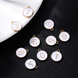 Light Gold Plated Alloy Enamel Charms, Enamelled Sequins, Flat Round with Number, Number 0~9, White, 14.5x12x2.5mm, Hole: 1.4mm, 10pcs/set