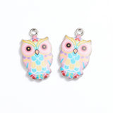 Alloy Enamel Pendants, Owl, Platinum, Colorful, 23.5x13x2mm, Hole: 1.6mm, 2pcs/bag, 2Bag/Set