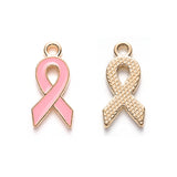 Alloy Enamel Pendants, October Breast Cancer Pink Awareness Ribbon Shape, Light Gold Plated, Pink, 20x10x2mm, Hole: 2mm, 30pc/Set