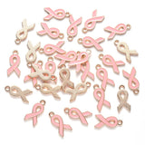 Alloy Enamel Pendants, October Breast Cancer Pink Awareness Ribbon Shape, Light Gold Plated, Pink, 20x10x2mm, Hole: 2mm, 30pc/Set