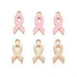 Alloy Enamel Pendants, October Breast Cancer Pink Awareness Ribbon Shape, Light Gold Plated, Pink, 20x10x2mm, Hole: 2mm, 30pc/Set