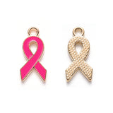 Alloy Enamel Pendants, October Breast Cancer Pink Awareness Ribbon Shape, Light Gold Plated, Deep Pink, 20x10x2mm, Hole: 2mm, 30pc/Set