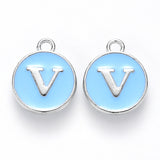 Initial Letter A~Z Alphabet Enamel Charms, Flat Round Disc Double Sided Charms, Platinum Plated Enamelled Sequins Alloy Charms, Light Sky Blue, 14x12x2mm, Hole: 1.5mm, 26pcs/set