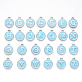 Initial Letter A~Z Alphabet Enamel Charms, Flat Round Disc Double Sided Charms, Platinum Plated Enamelled Sequins Alloy Charms, Light Sky Blue, 14x12x2mm, Hole: 1.5mm, 26pcs/set