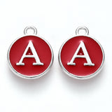 Initial Letter A~Z Alphabet Enamel Charms, Flat Round Disc Double Sided Charms, Platinum Plated Enamelled Sequins Alloy Charms, Dark Red, 14x12x2mm, Hole: 1.5mm, 26pcs/set