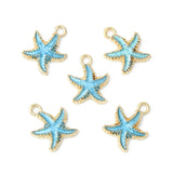 Alloy Enamel Pendants, Starfish, Light Gold, Deep Sky Blue, 18x15x3mm, Hole: 2.5mm, 5pc/Set