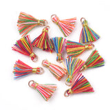 Polycotton(Polyester Cotton) Tassel Pendant Decorations, Mini Tassel, with Iron Findings and Metallic Cord, Light Gold, Colorful, 10~15x2~3mm, Hole: 1.5mm, 200pc/Set