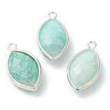 Natural Amazonite Pendants, with Platinum Brass Edge, Faceted, Horse Eye, 22x12x5.5mm, Hole: 1.8mm, 10pc/Set