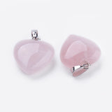 Natural Rose Quartz Pendants, with Brass Findings, Heart, Platinum, 23x20x7~9mm, Hole: 5x8mm, 10pc/Set