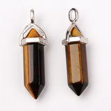 Natural Tiger Eye Double Terminated Pointed Pendants, with Random Alloy Pendant Hexagon Bead Cap Bails, Bullet, Platinum, 37~40x12mm, Hole: 3mm, 15pc/Set