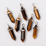 Natural Tiger Eye Double Terminated Pointed Pendants, with Random Alloy Pendant Hexagon Bead Cap Bails, Bullet, Platinum, 37~40x12mm, Hole: 3mm, 15pc/Set