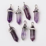 Natural Amethyst Double Terminated Pointed Pendants, with Random Alloy Pendant Hexagon Bead Cap Bails, Bullet, Platinum, 37~40x12mm, Hole: 3mm, 15pc/Set