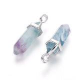 Natural Fluorite Double Terminated Pointed Pendants, with Random Alloy Pendant Hexagon Bead Cap Bails, Bullet, Platinum, 37~40x12mm, Hole: 3mm, 15pc/Set