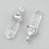 Natural Quartz Crystal Double Terminated Pointed Pendants, Rock Crystal, with Random Alloy Pendant Hexagon Bead Cap Bails, Bullet, Platinum, 37~40x12mm, Hole: 3mm, 15pc/Set