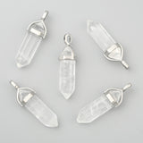 Natural Quartz Crystal Double Terminated Pointed Pendants, Rock Crystal, with Random Alloy Pendant Hexagon Bead Cap Bails, Bullet, Platinum, 37~40x12mm, Hole: 3mm, 15pc/Set