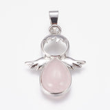 Natural Rose Quartz Pendants, Angel, with Brass Finding, Platinum, 34x25.5x4.5~6.5mm, Hole: 4~5x7mm, 10pc/Set