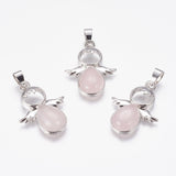 Natural Rose Quartz Pendants, Angel, with Brass Finding, Platinum, 34x25.5x4.5~6.5mm, Hole: 4~5x7mm, 10pc/Set