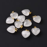 Natural Quartz Crystal Pendants, Rock Crystal Pendants, with Golden Tone Brass Findings, Puffy Heart Charm, 18x15~15.5x6~8mm, Hole: 6x3mm, 10pc/Set