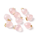 Natural Rose Quartz Pendants, with Golden Tone Brass Findings, Puffy Heart Charm, 18x15~15.5x6~8mm, Hole: 6x3mm, 10pc/Set